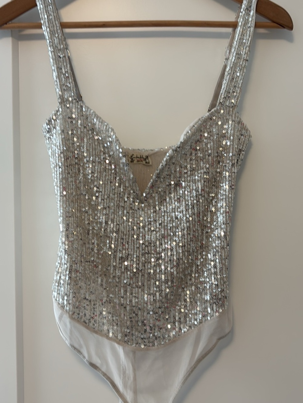 Free People Anthropologie Silver Sequin V-Neck Bodysuit